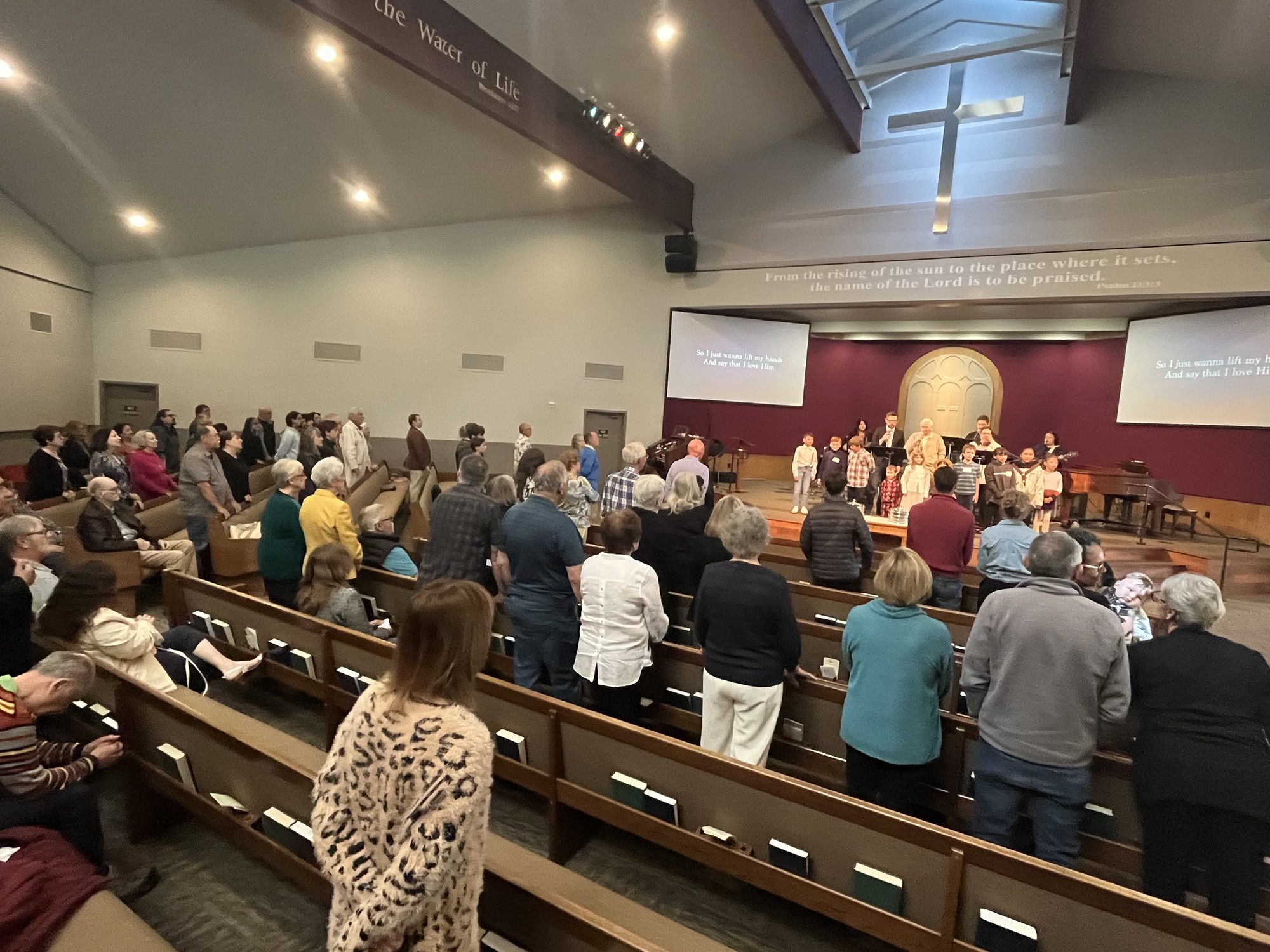 Congregation worshiping in the sanctuary of First Baptist Church of Salinas